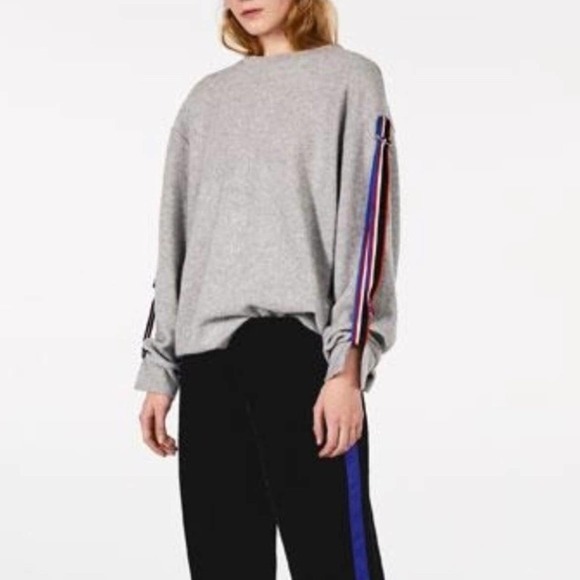 Zara Sweatshirt Striped Strap Sleeves Crewneck Gray Small - Picture 1 of 9
